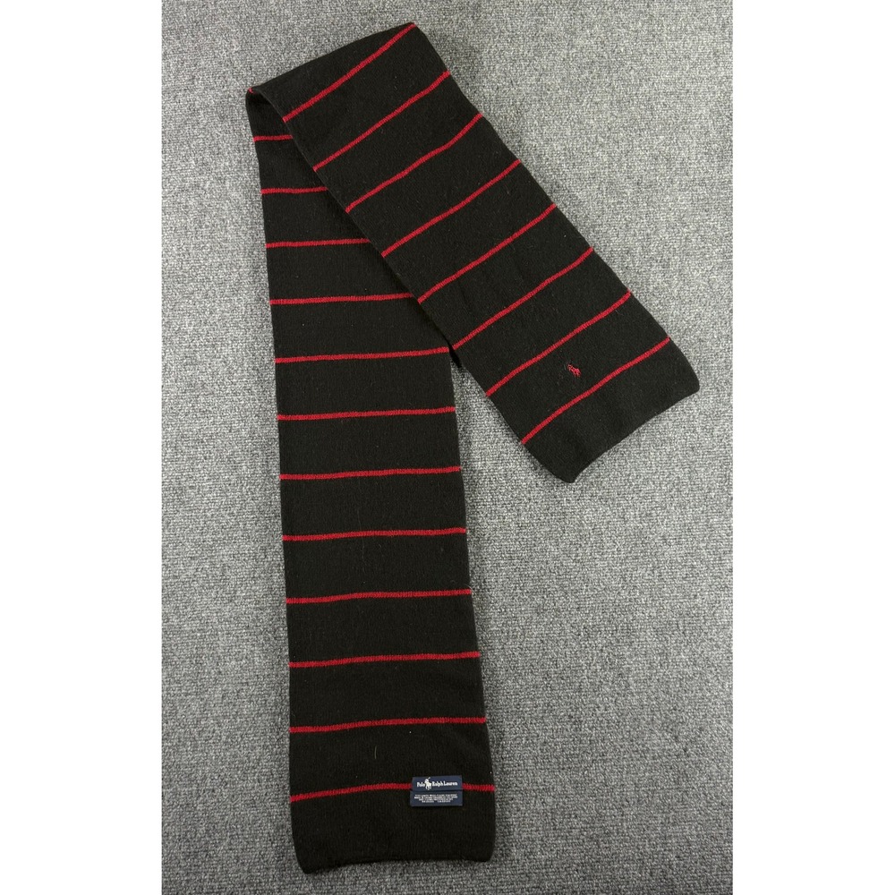 Polo Ralph Lauren Scarf Black Red Striped 100% Lambswool Knit Pony Logo Mens